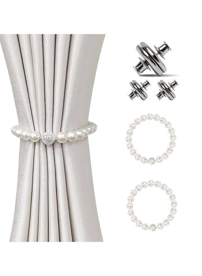 رابطات ستائر مغناطيسية، حوامل ستائر لتزيين غرفة النوم، عبوتان من رابطات الستائر اللؤلؤية و3 قطع مشابك مغناطيسية للستائر عالية الجودة للمنزل والمكتب وزينة النوافذ (أبيض) - Image 1